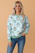 Christmas Wreath Dog Print Stripe Contrast Trim Sweatshirt