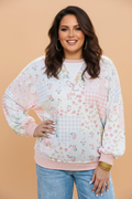 Plus Size Floral Patchwork Corded Knit Long Sleeve Top