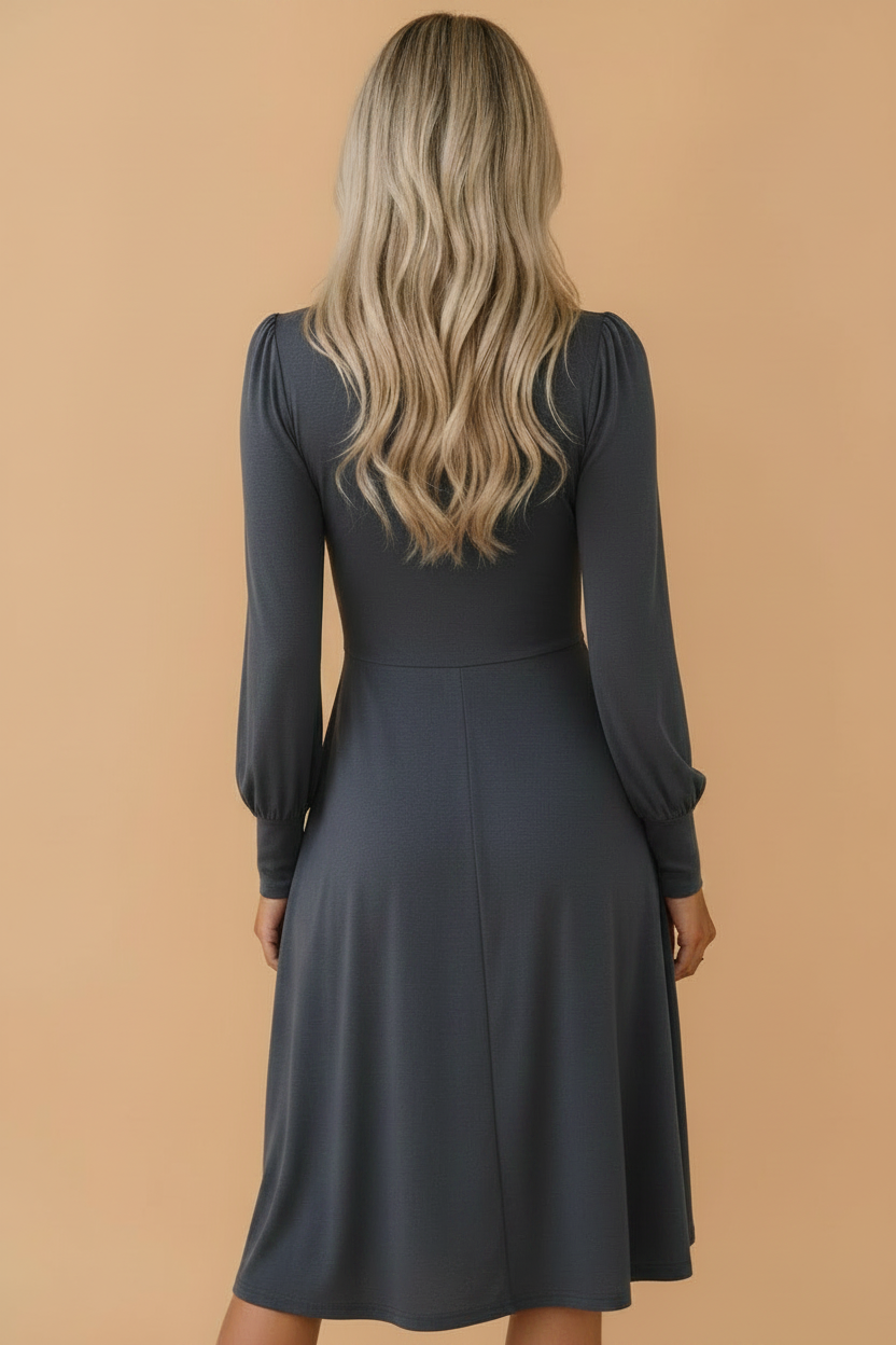 Solid Shirred Cuff Long Sleeve Buttoned Mini Dress
