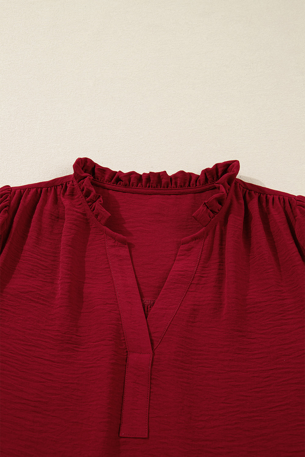 Solid Notched Neck Shirred Cuff Long Sleeve Blouse