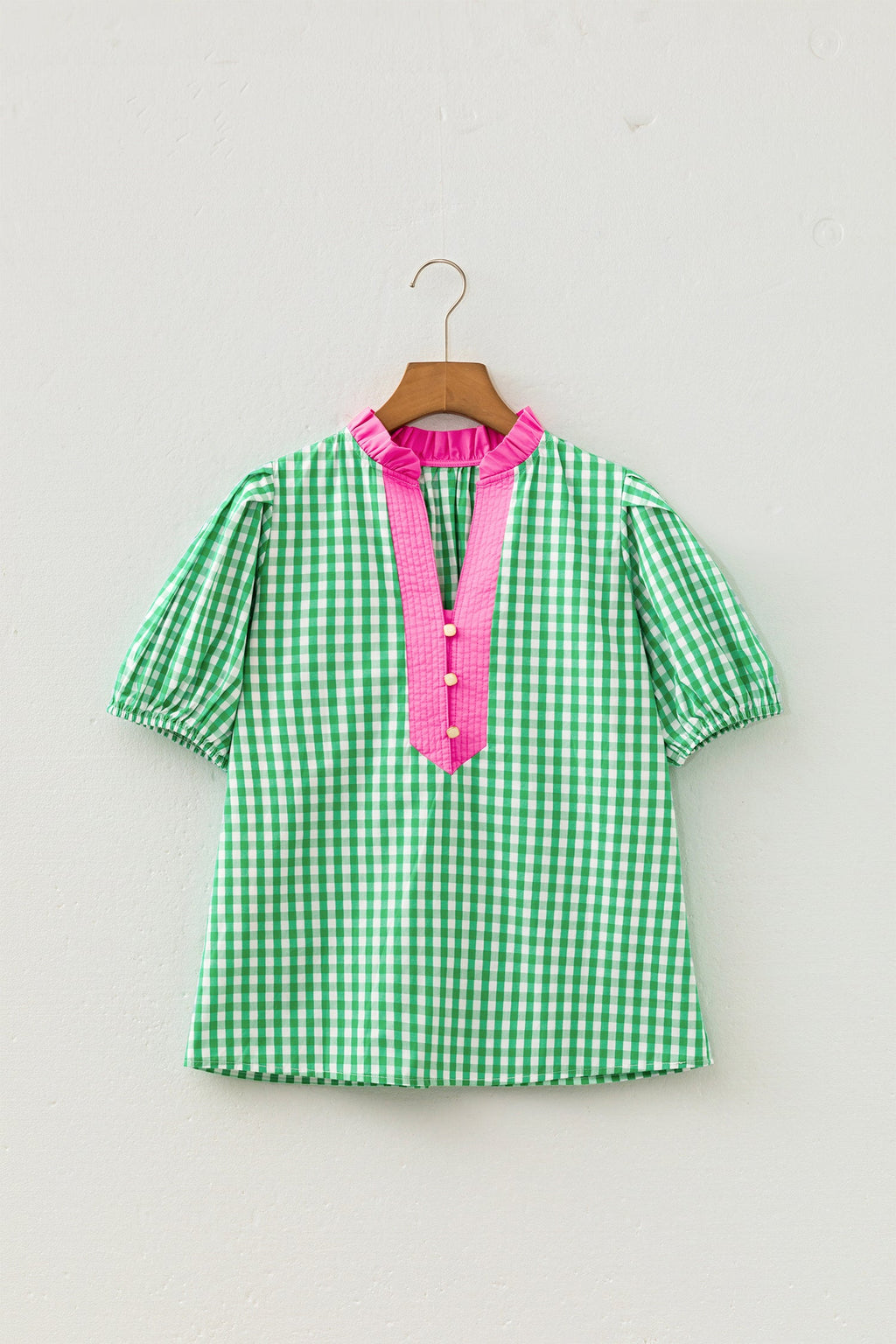 Gingham Bubble Sleeve Colorblock Trim V-Neck Blouse