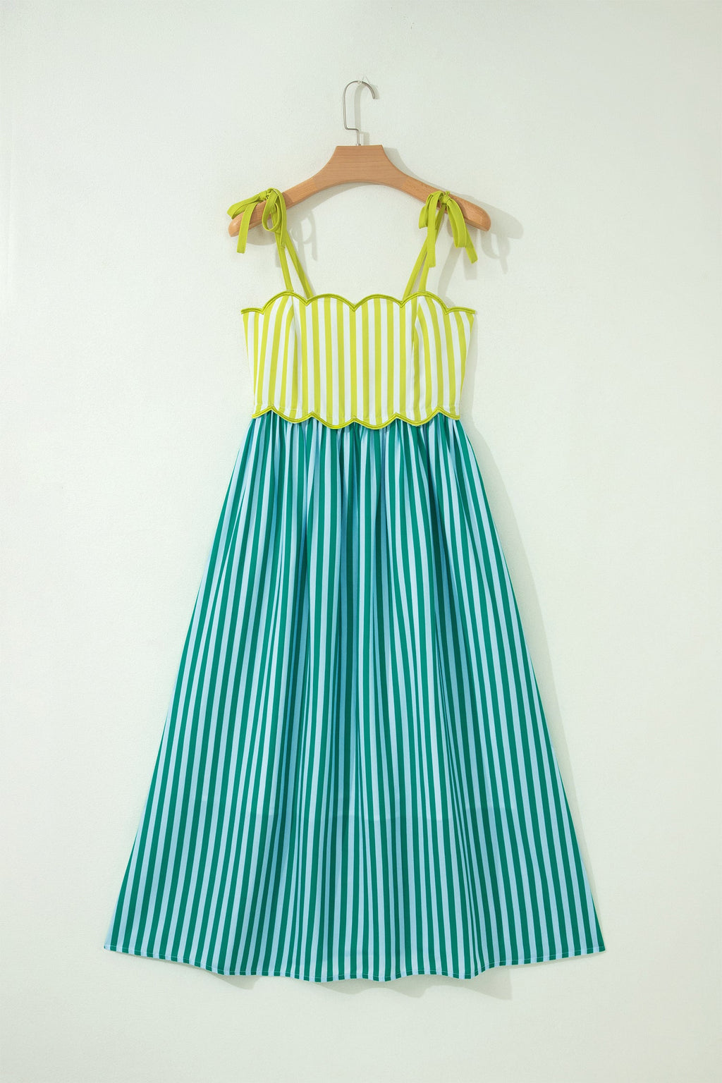 Stripe Scalloped Contrast Patchwork Knot Strap Midi Dress