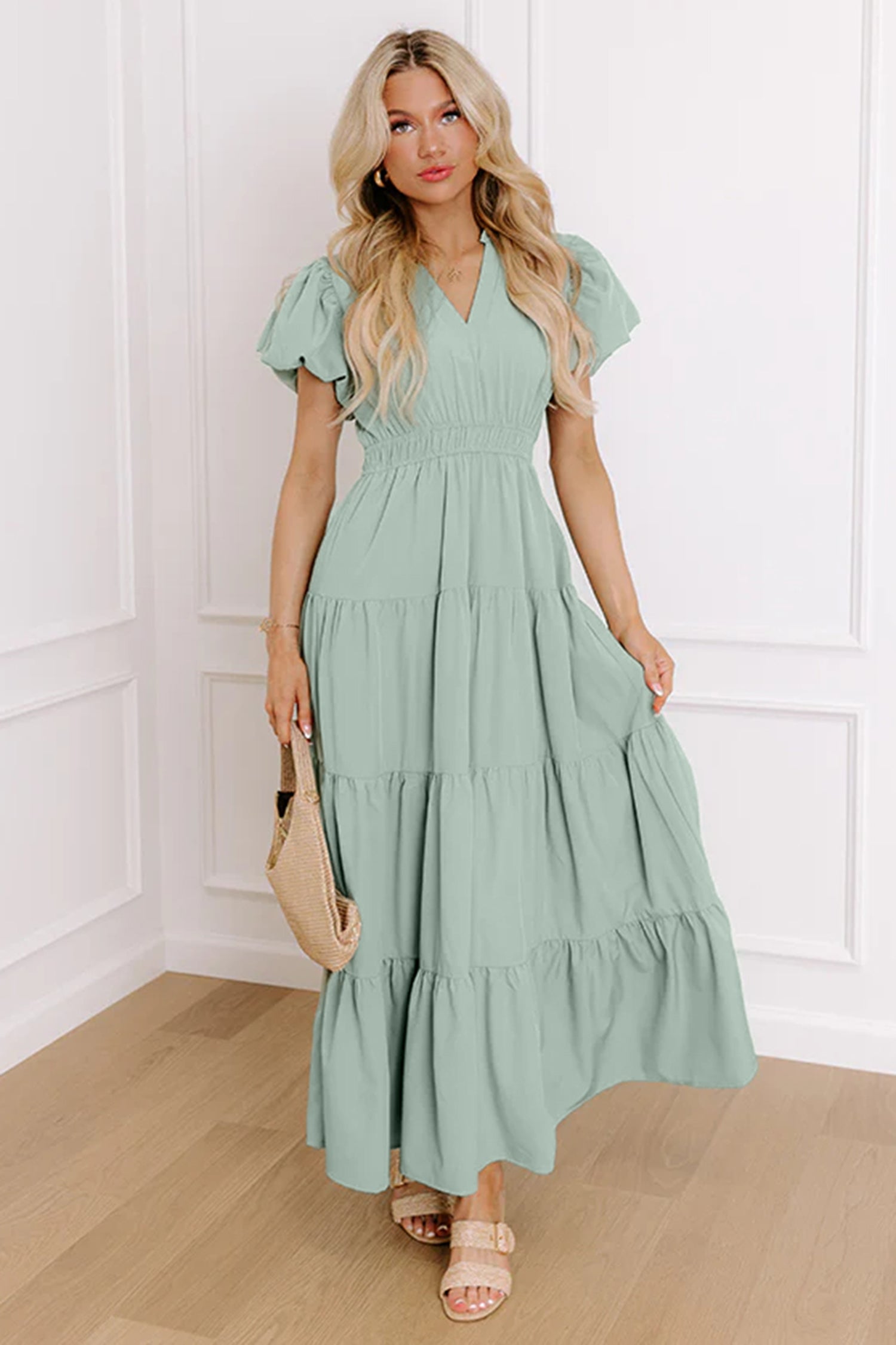 Solid V-Neck Short Puff Sleeve Tiered Maxi Dress