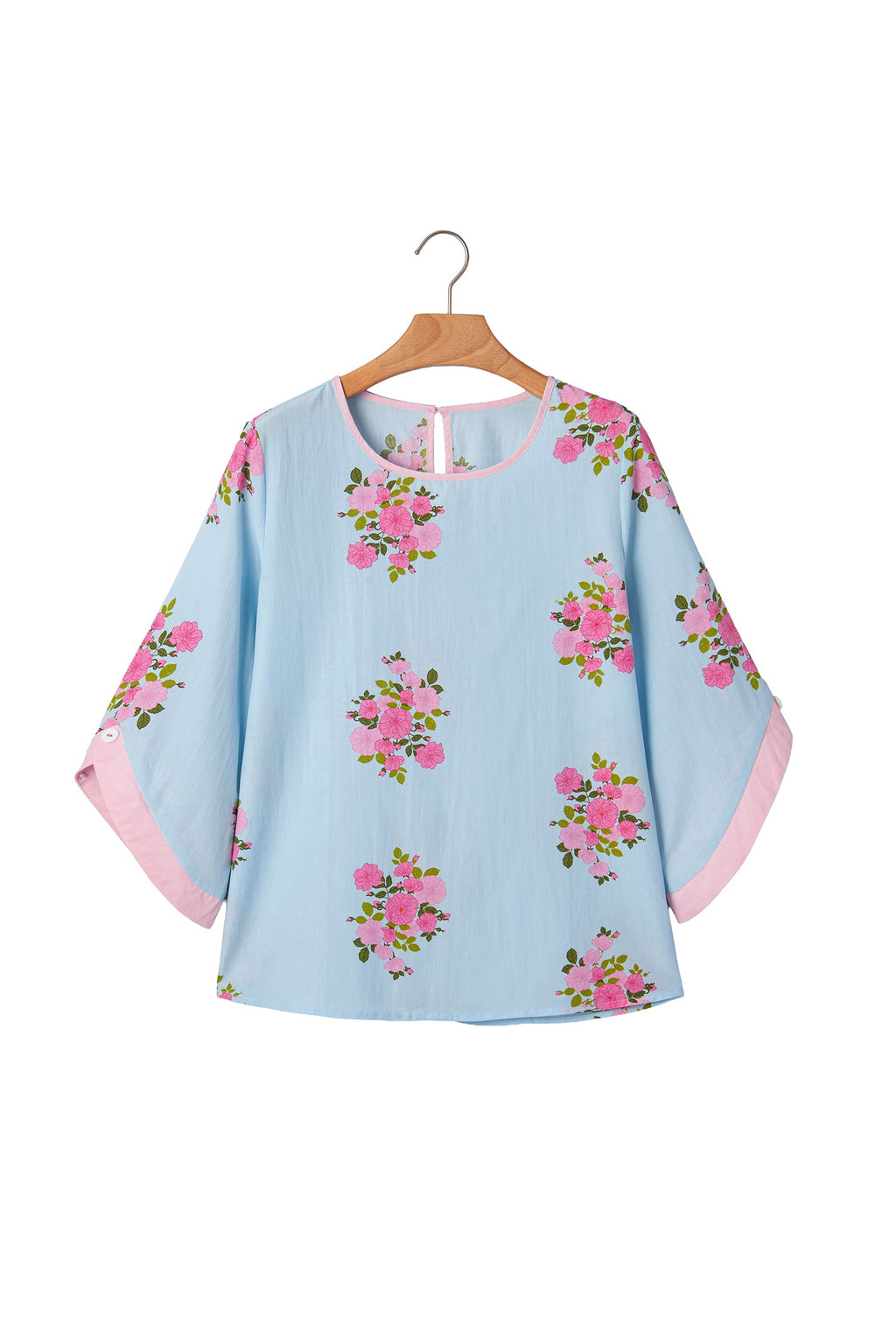 Floral Button Cuffed 3/4 Sleeve Round Neck Blouse