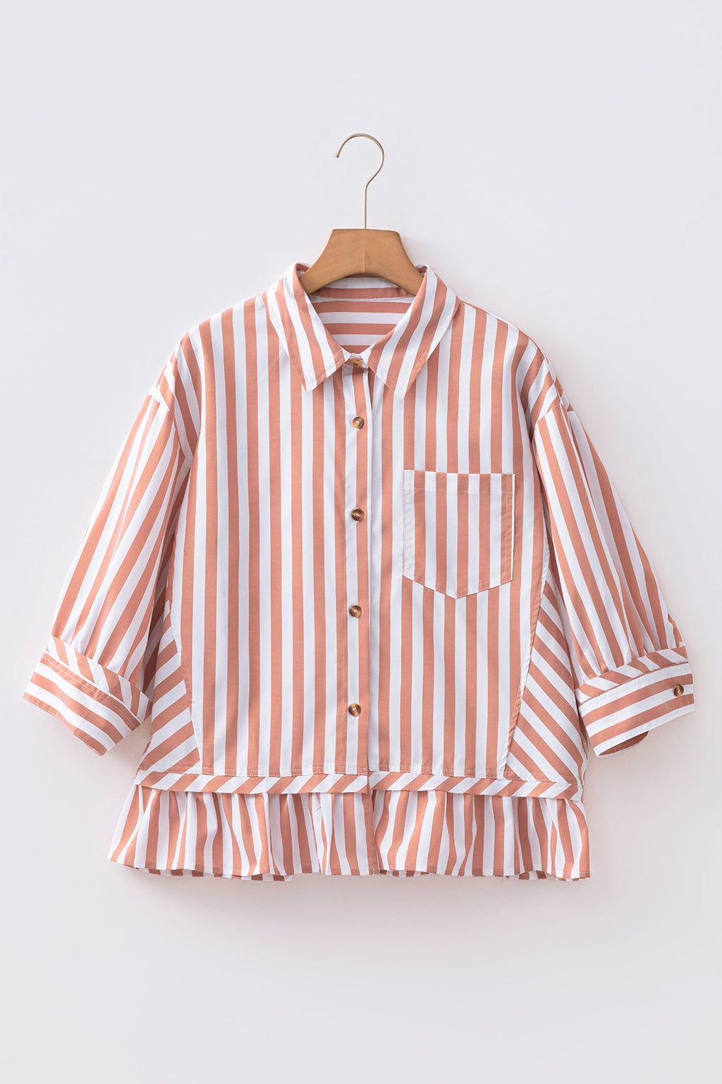 Stripe Ruffle Hem 3/4 Sleeve Buttoned Shirt