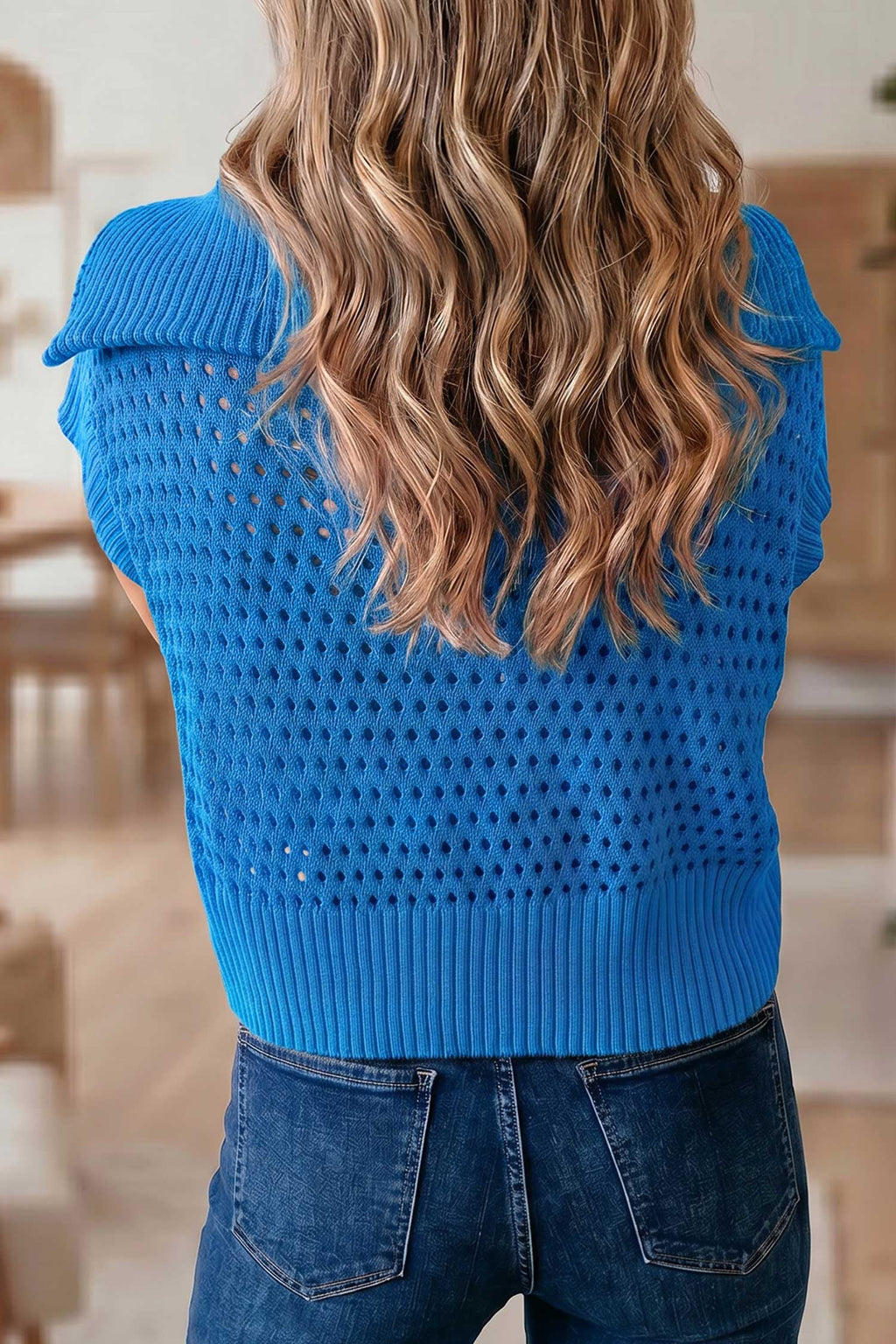 Solid Hollowed Knit Zipped Collar Short Sleeve Top