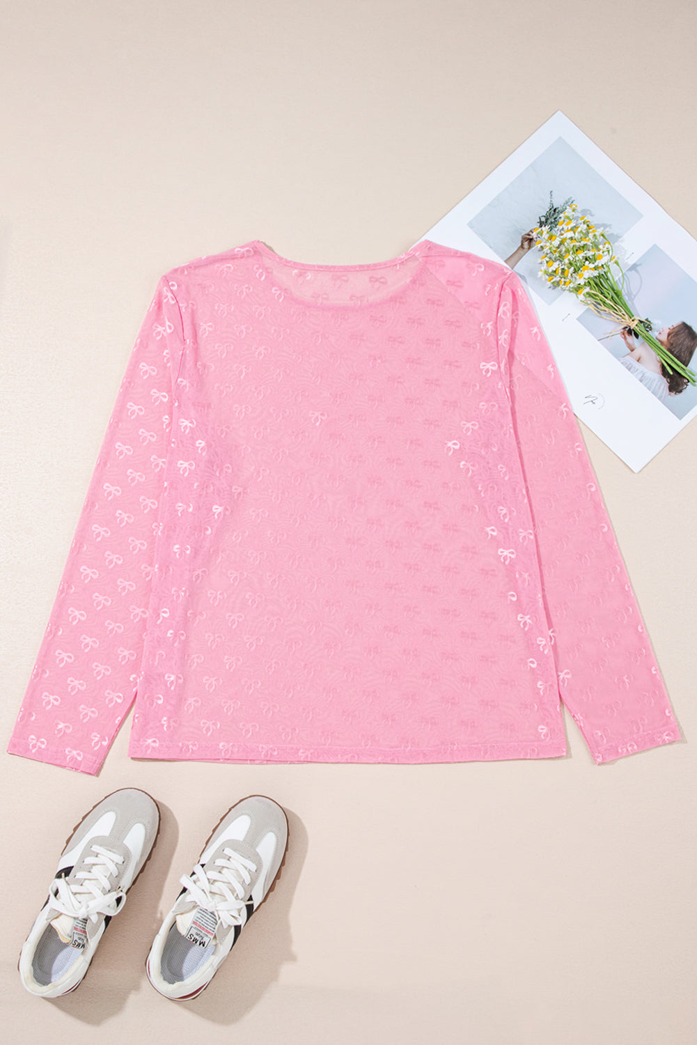 Plus Size Bow Tie Mesh Embroidered Long Sleeve Top