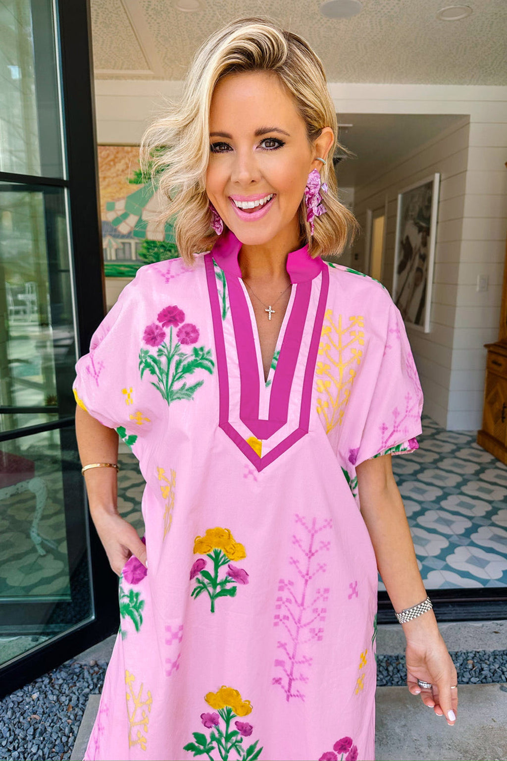 Floral Colorblock Trim V-Neck Midi Dress