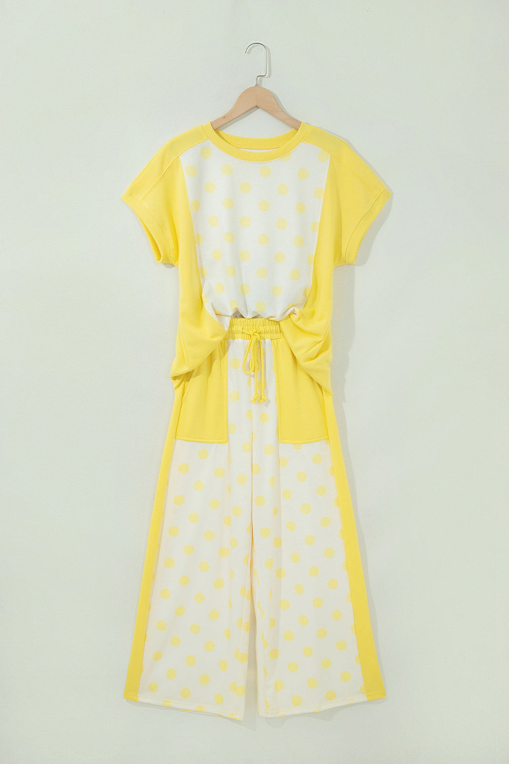 Polka Dot Colorblock Patchwork Top and Wide Leg Pants Set