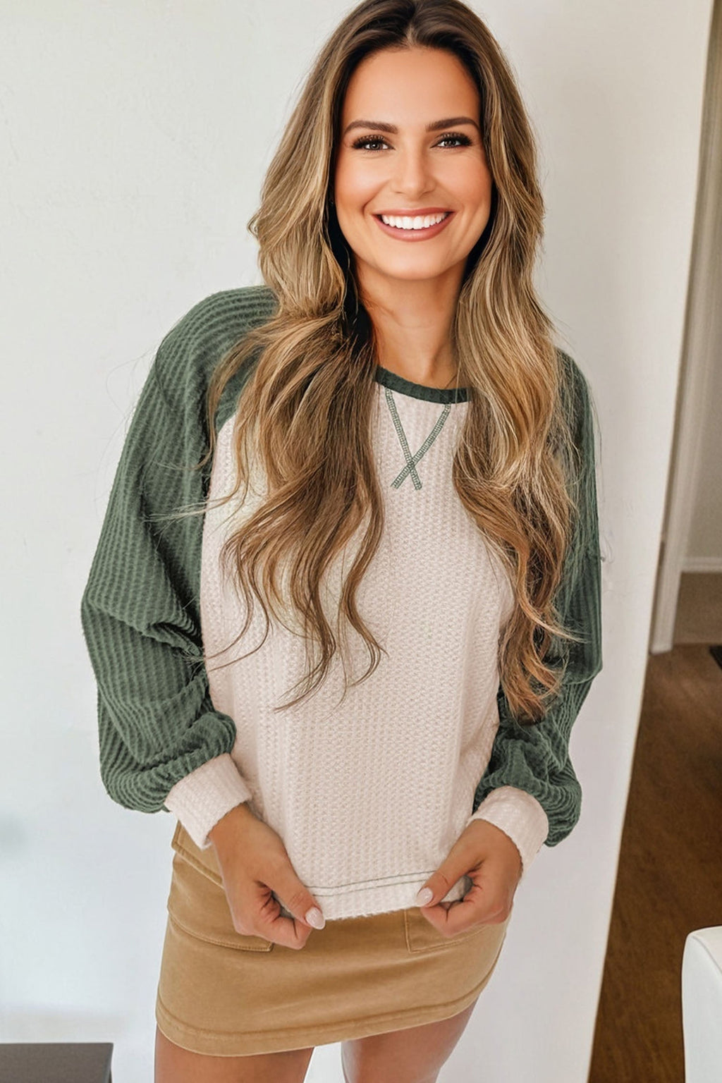 Colorblock Waffle Knit Raglan Sleeve Top