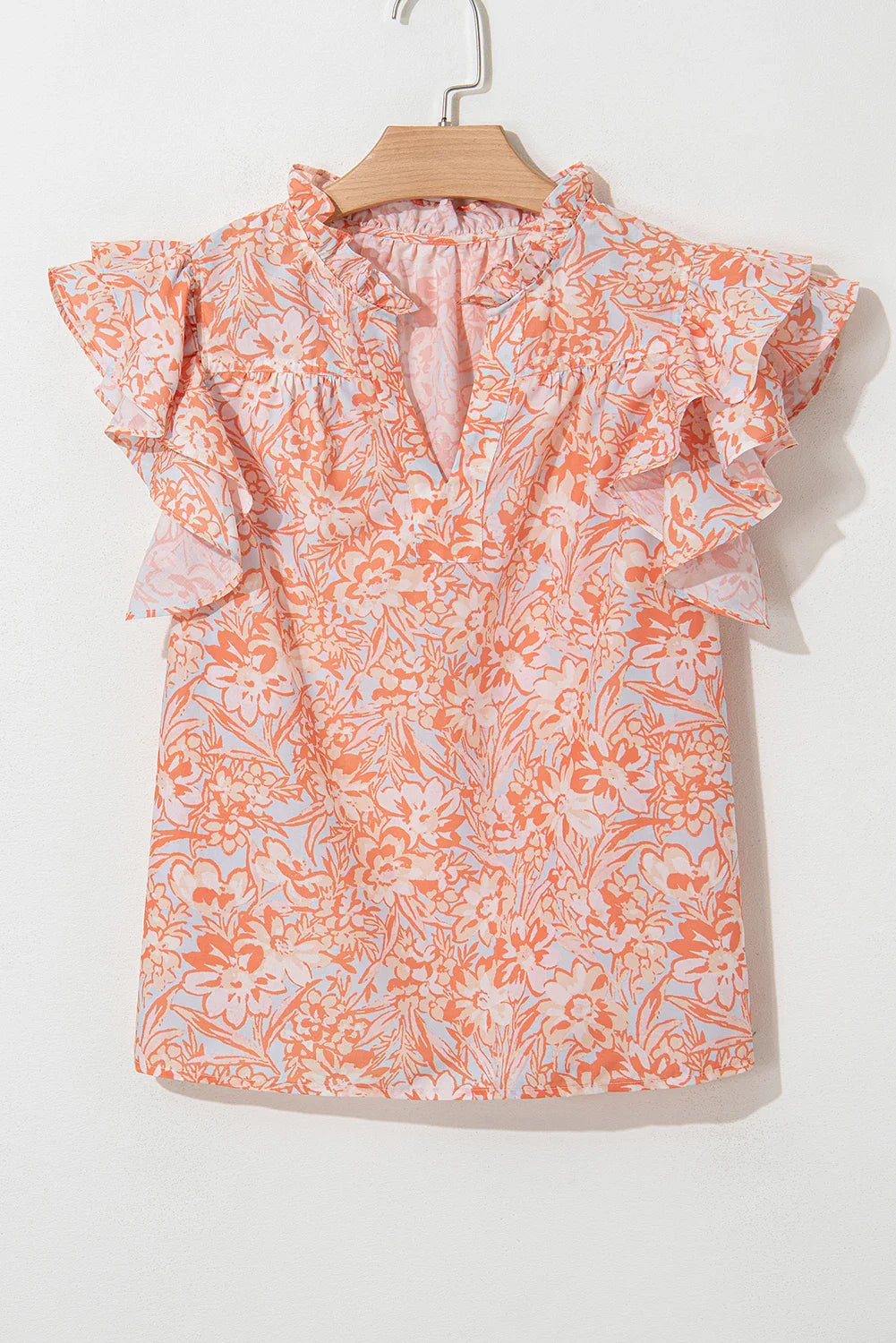 Floral Ruffle Sleeve Split Neck Blouse