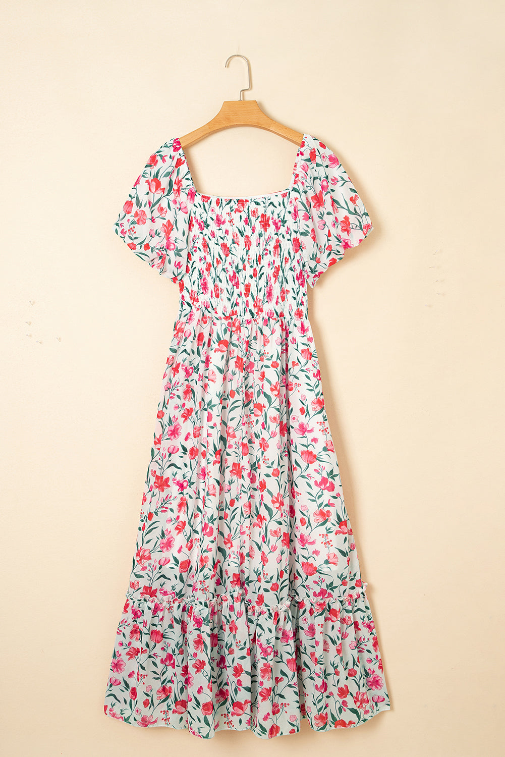 Floral Puff Sleeve Square Neck Tiered Dress