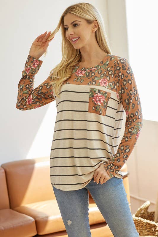 LMT2687-The Seny Stripe Top: BURGUNDY / M