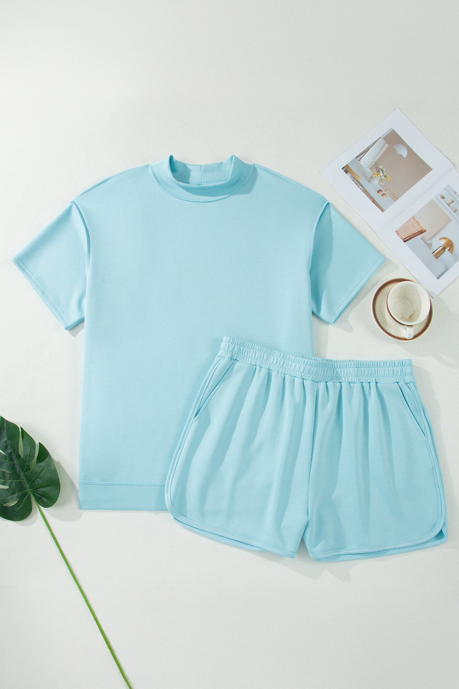 Solid Mock Neck Short Sleeve Top & Short Set