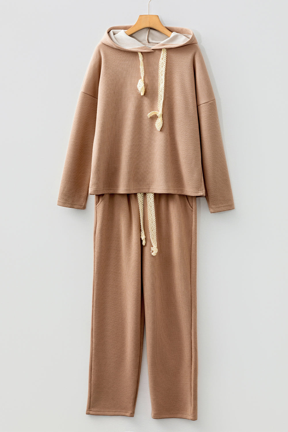 Solid Corduroy Lace Hoodie and Pants Set