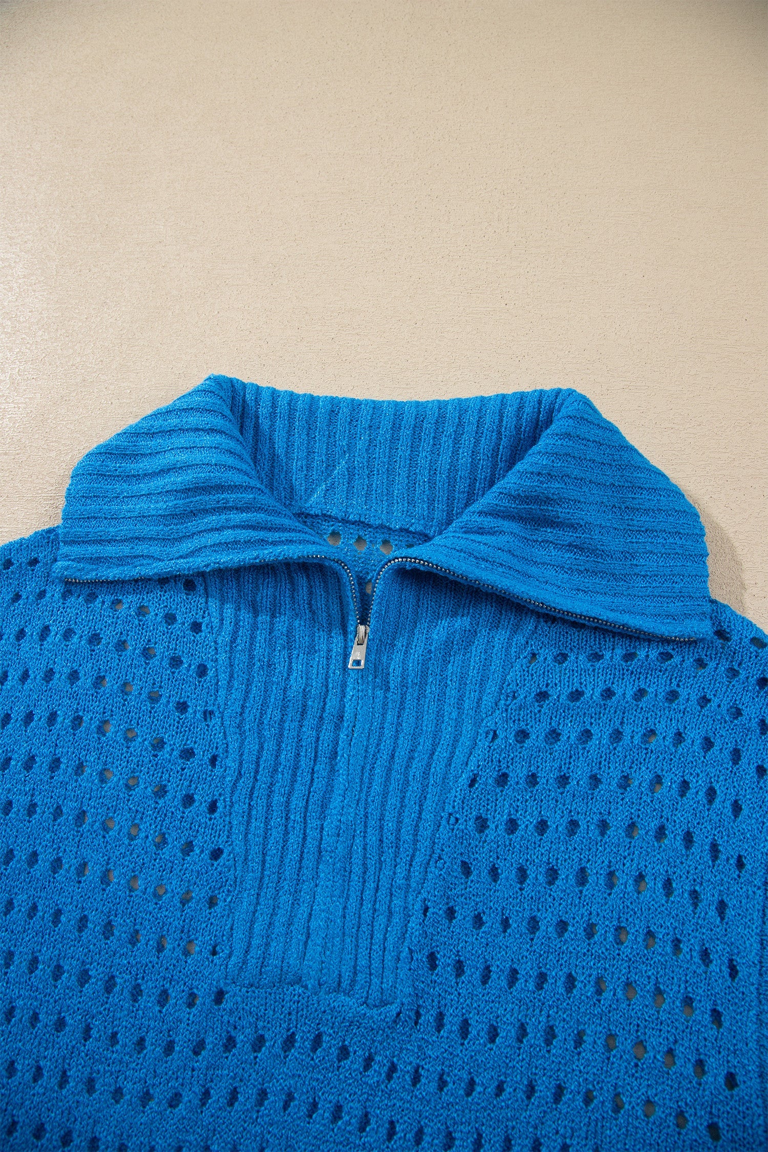 Solid Hollowed Knit Zipped Collar Short Sleeve Top