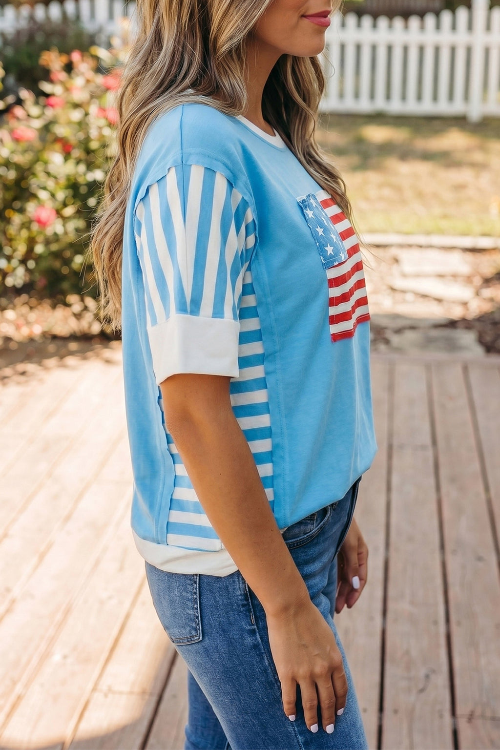 July 4th Flag Stripe Patchwork Colorblock T-Shirt