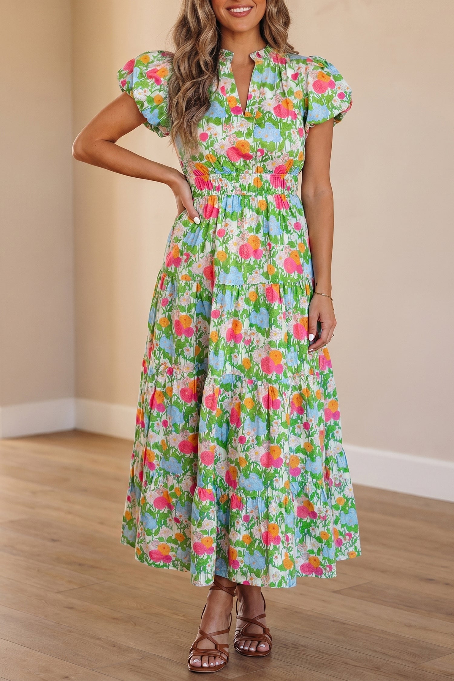 Floral V-Neck Short Puff Sleeve Maxi Dress