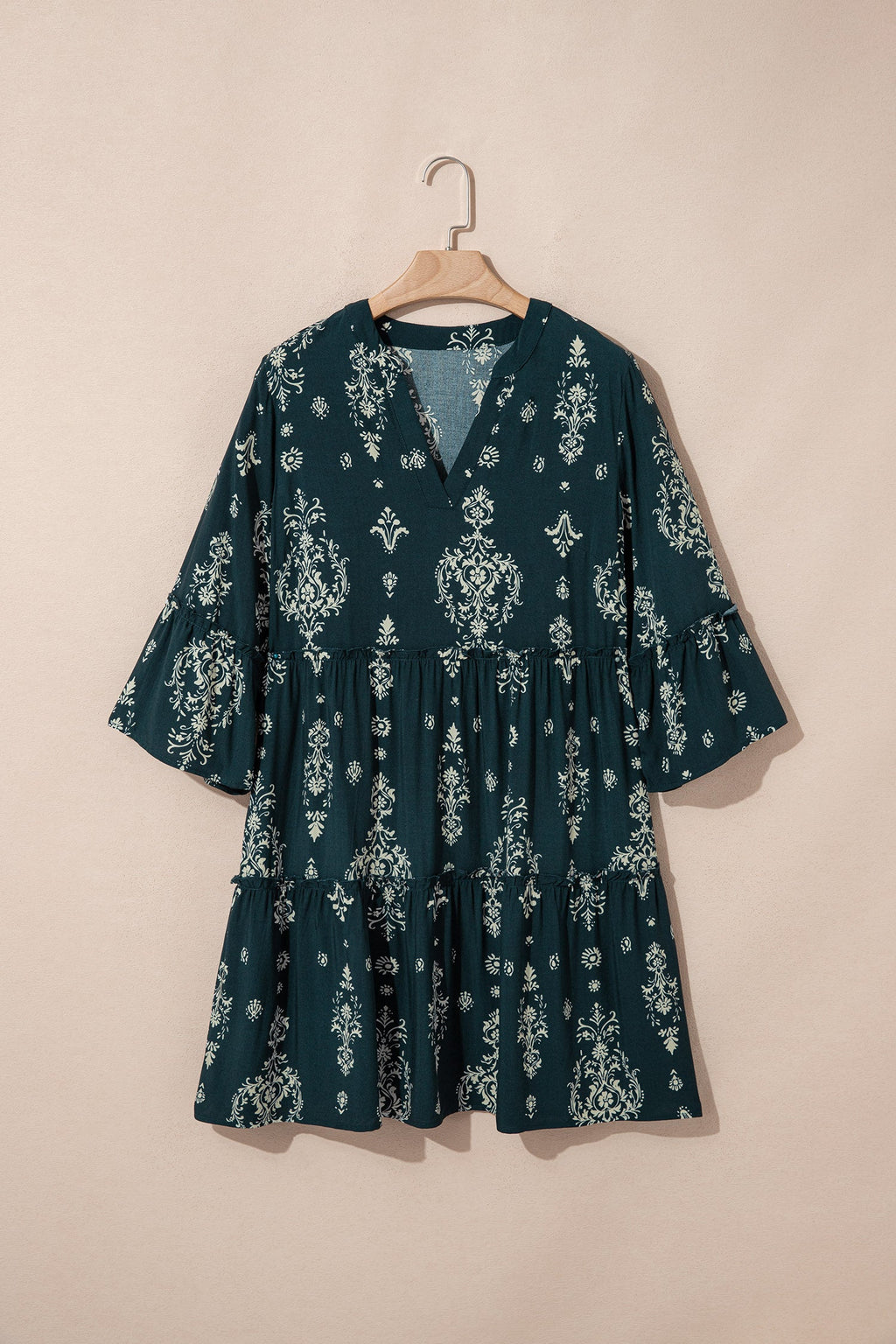 Boho Floral Lettuce Trim 3/4 Sleeve Mini Dress
