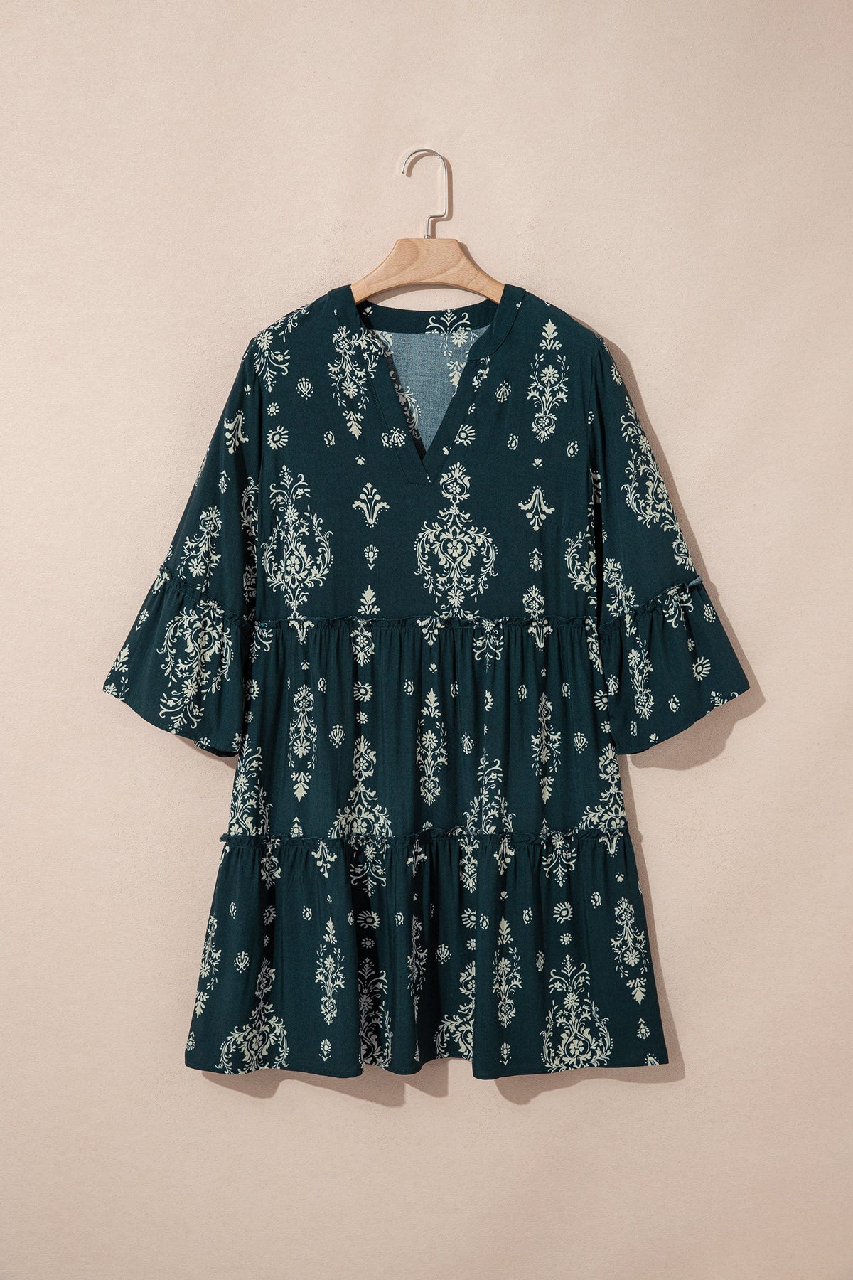Boho Floral Lettuce Trim 3/4 Sleeve Mini Dress