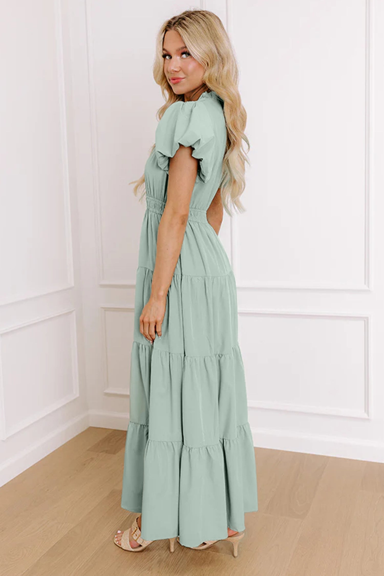 Solid V-Neck Short Puff Sleeve Tiered Maxi Dress