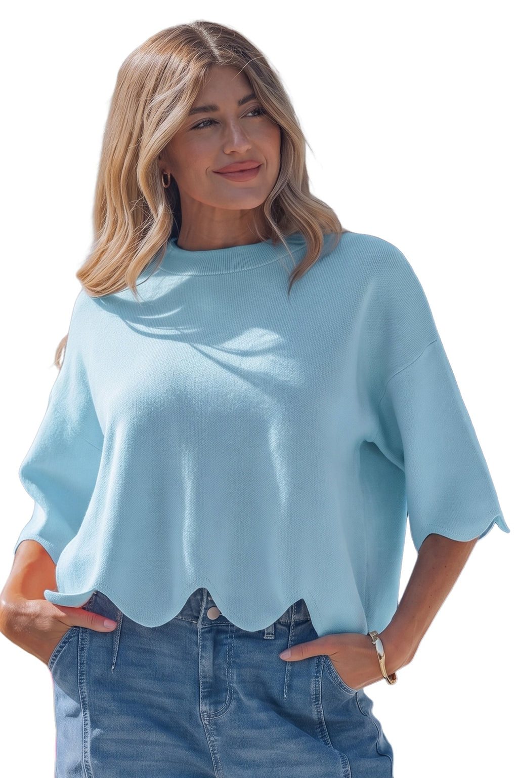 Solid Scalloped Hem 3/4 Sleeve Sweater Top