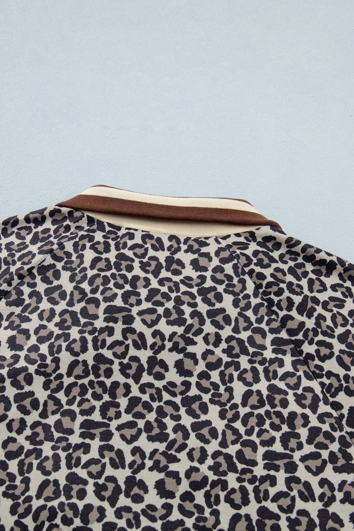 Leopard Half Zip Stripe Trim Short Sleeve Top