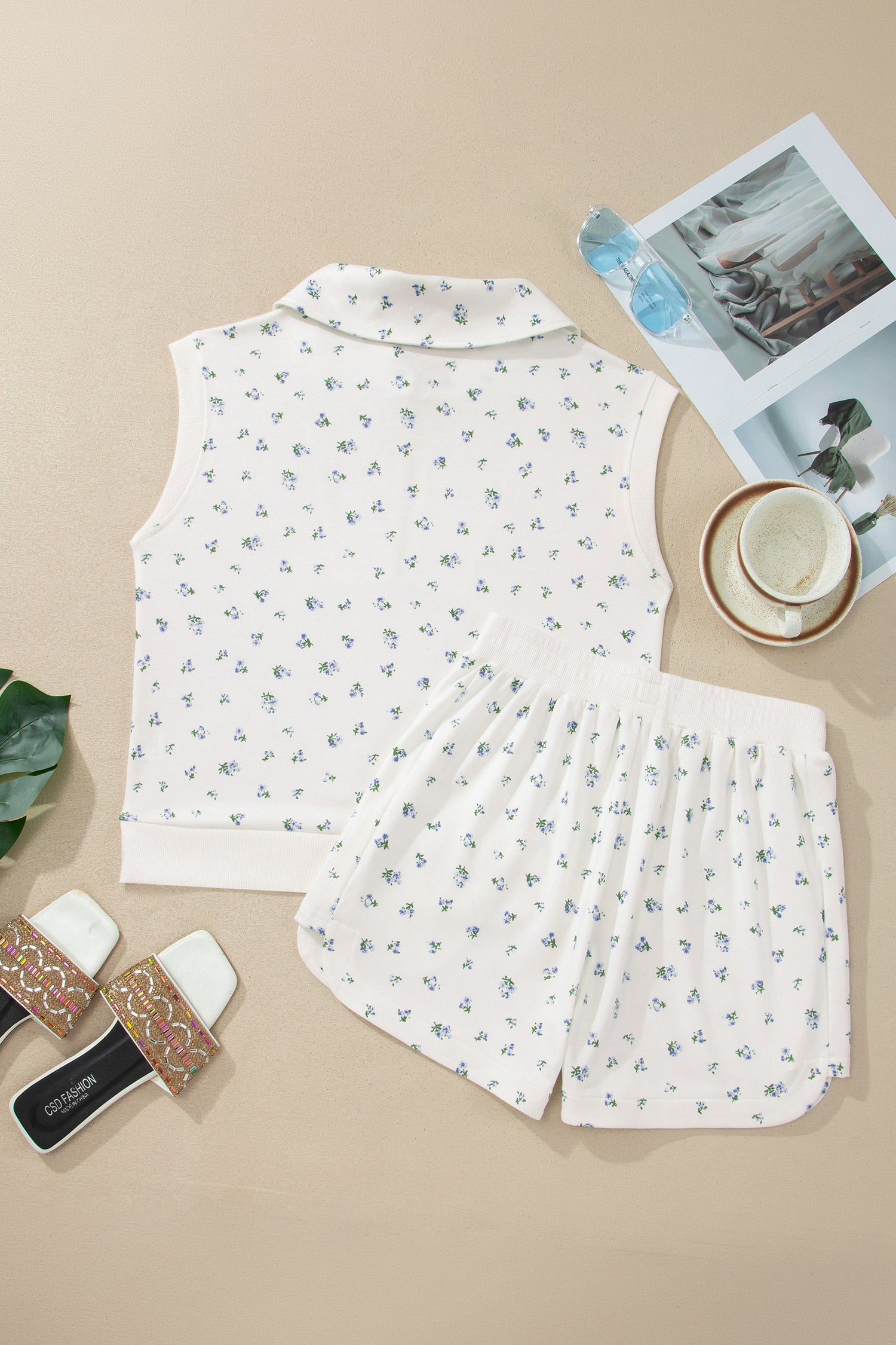 Floral Half Zip Top & Drawstring Shorts Set