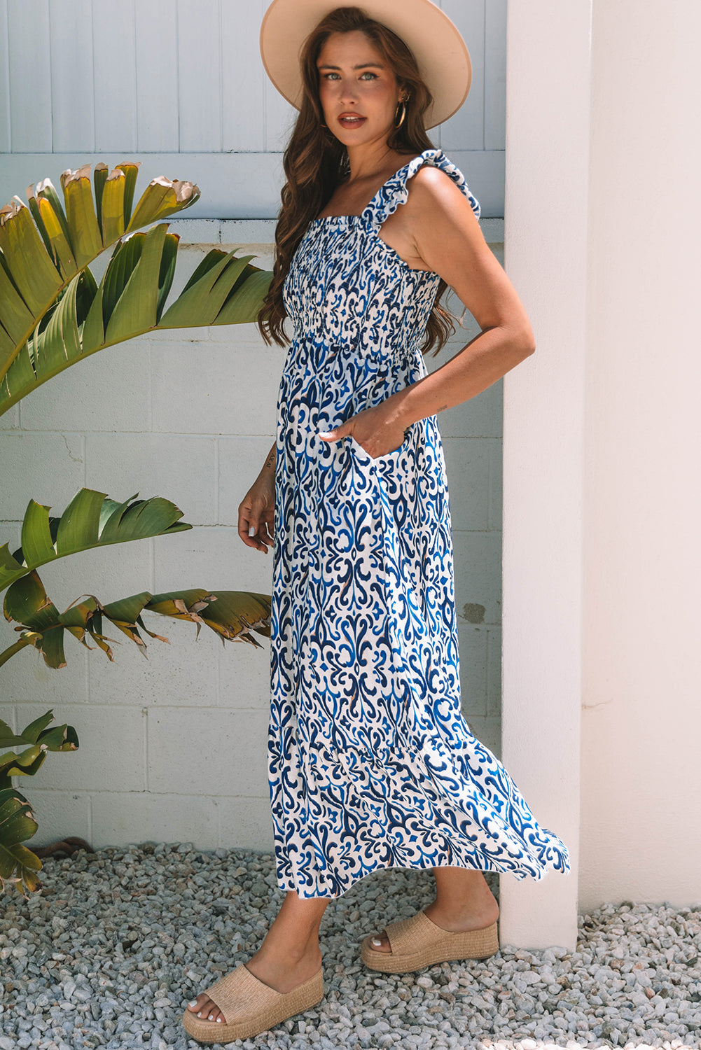 Abstract Boho Smocked Bodice High-Waist Maxi Dress