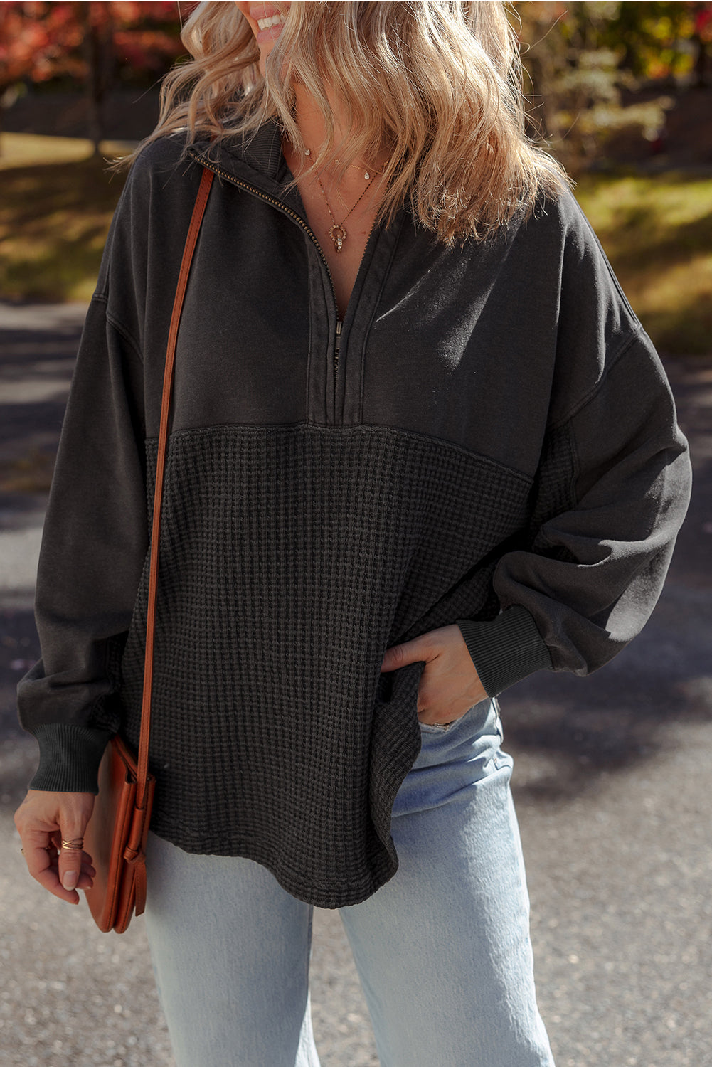 Waffle Knit Patchwork Half-Zip Sweatshirt