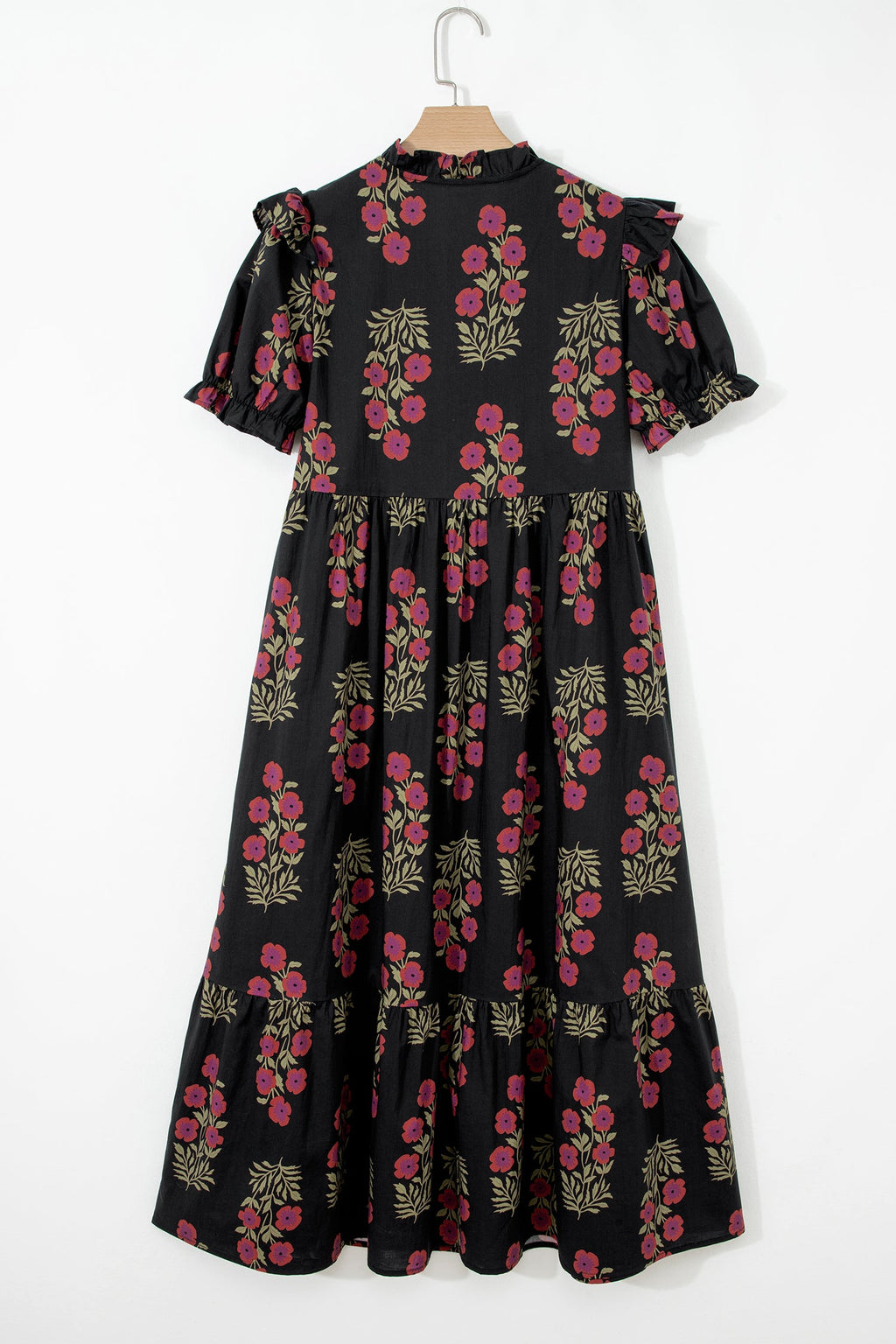 Floral Bubble Sleeve Tiered Maxi Dress