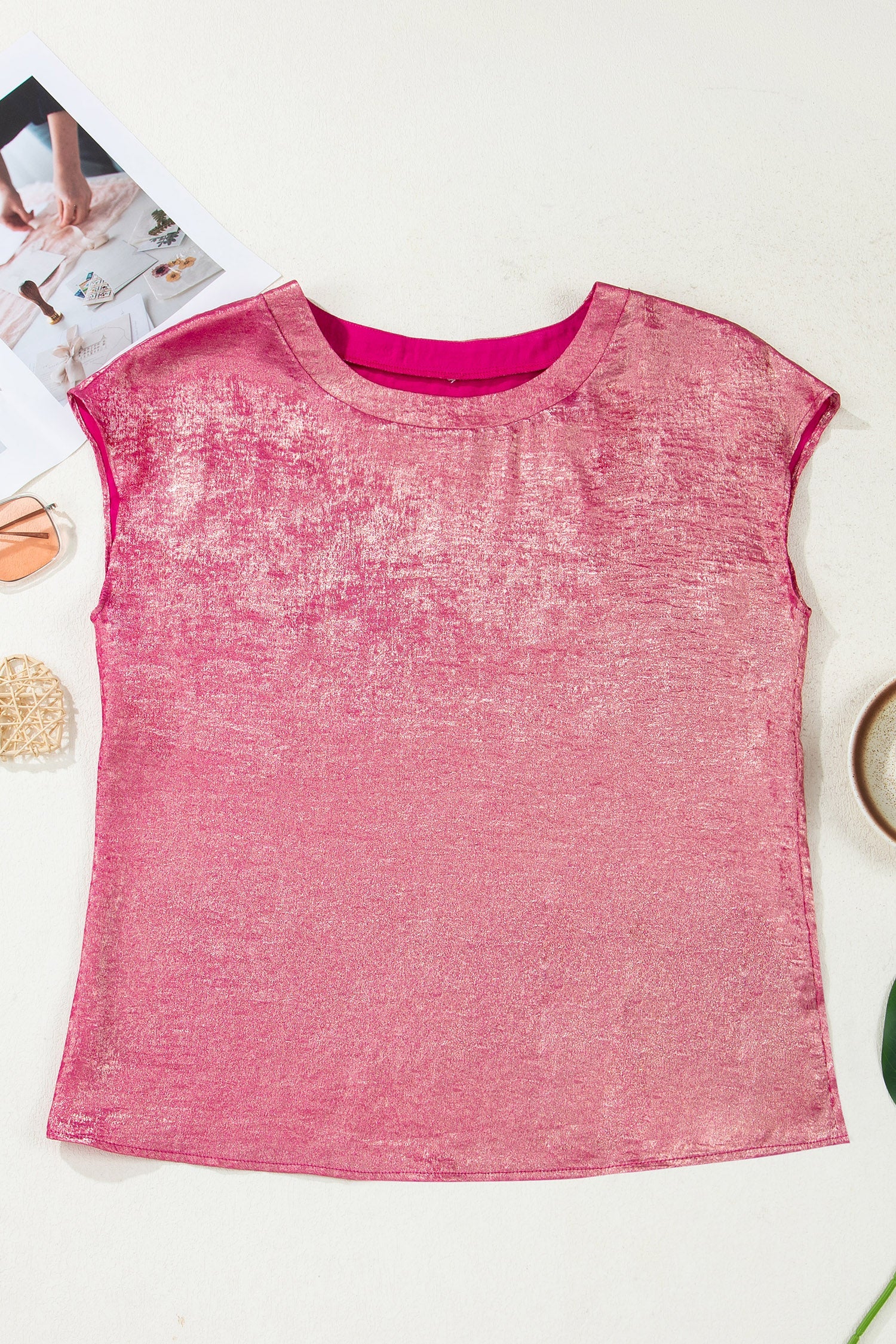 Metallic Round Neck Cap Sleeve Tee