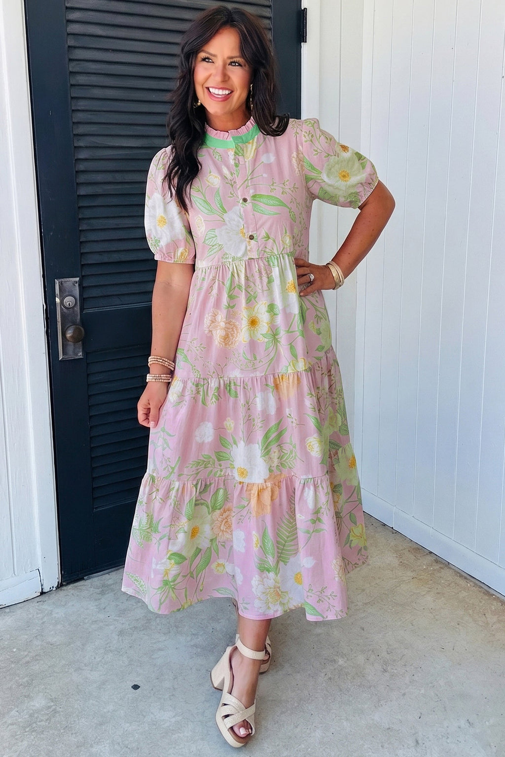 Floral Puff Sleeve Ruffle Tiered Maxi Dress
