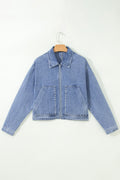 Denim Studded Pockets Zip-Up Long Sleeve Jacket
