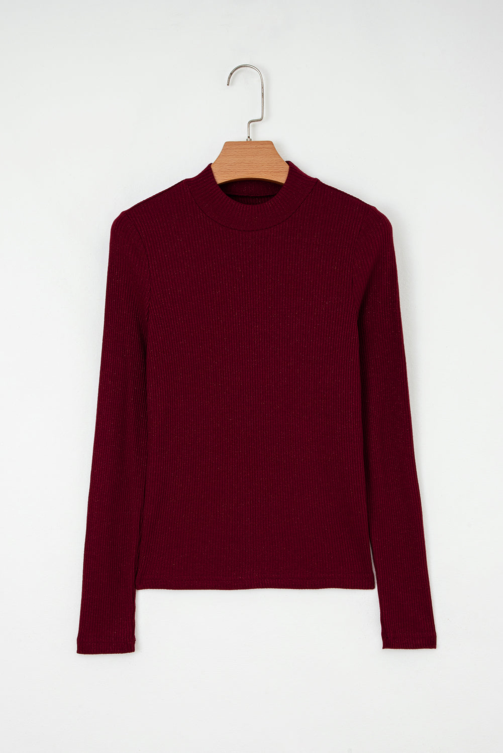 Solid Metallic Ribbed Knit Long Sleeve Top