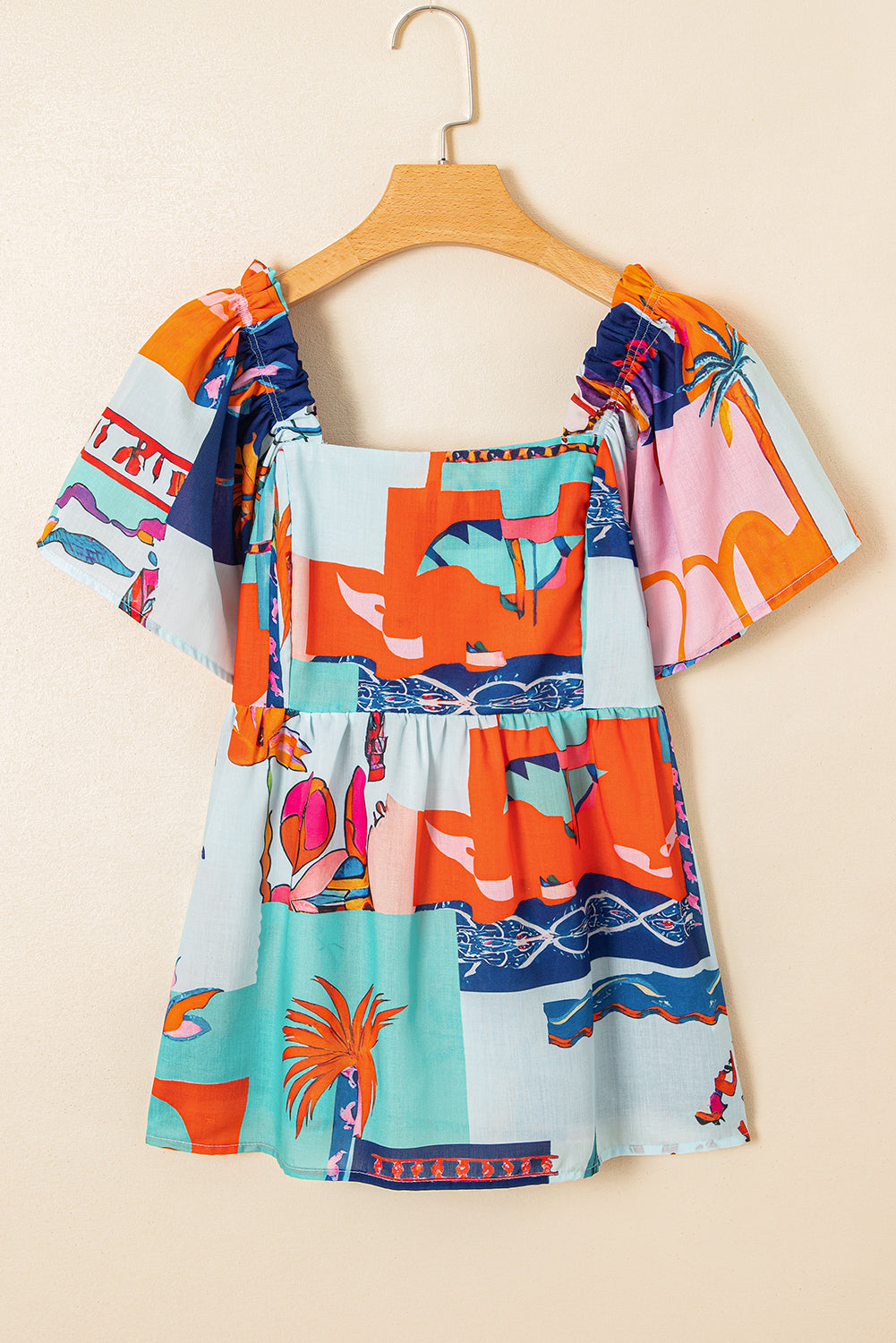 Tropical Square Neck Flutter Sleeve Babydoll Blouse