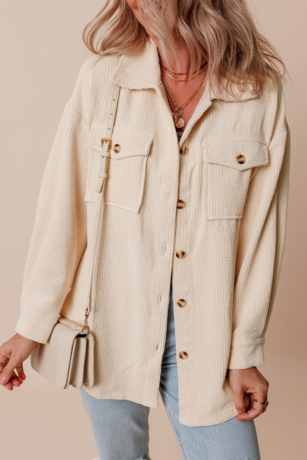 Solid Corduroy Button-Up Pocketed Shacket