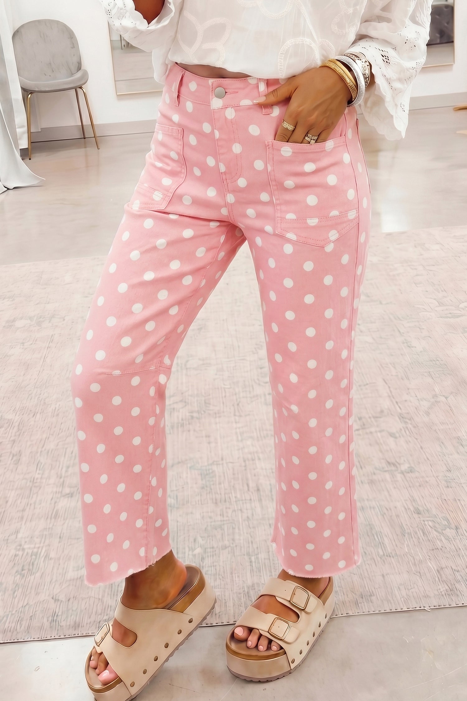 Polka Dot Denim Raw Hem Barrel Jeans