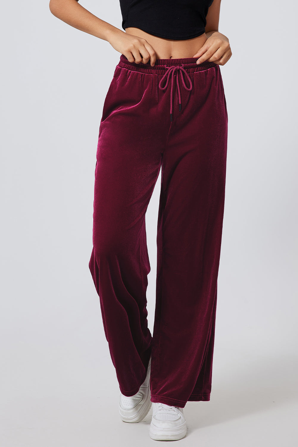 Solid Drawstring Waist Wide Leg Pants