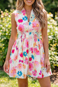 Floral Zip Up V-Neck Smocked Flared Mini Dress