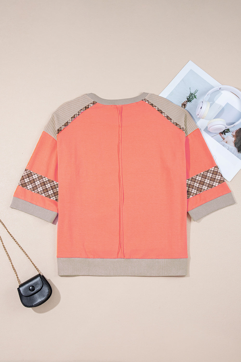 Plaid Flower Waffle Knit Patchwork 3/4 Sleeve Top