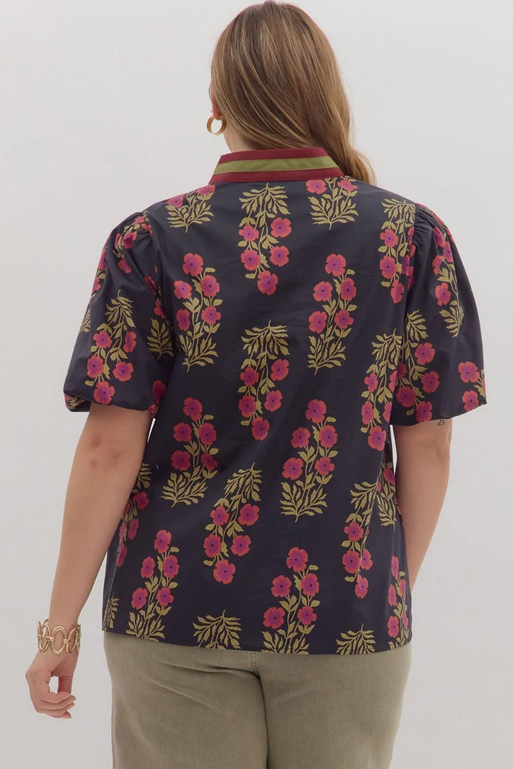 Plus Size Floral Ricrac Trim Short Sleeve Blouse