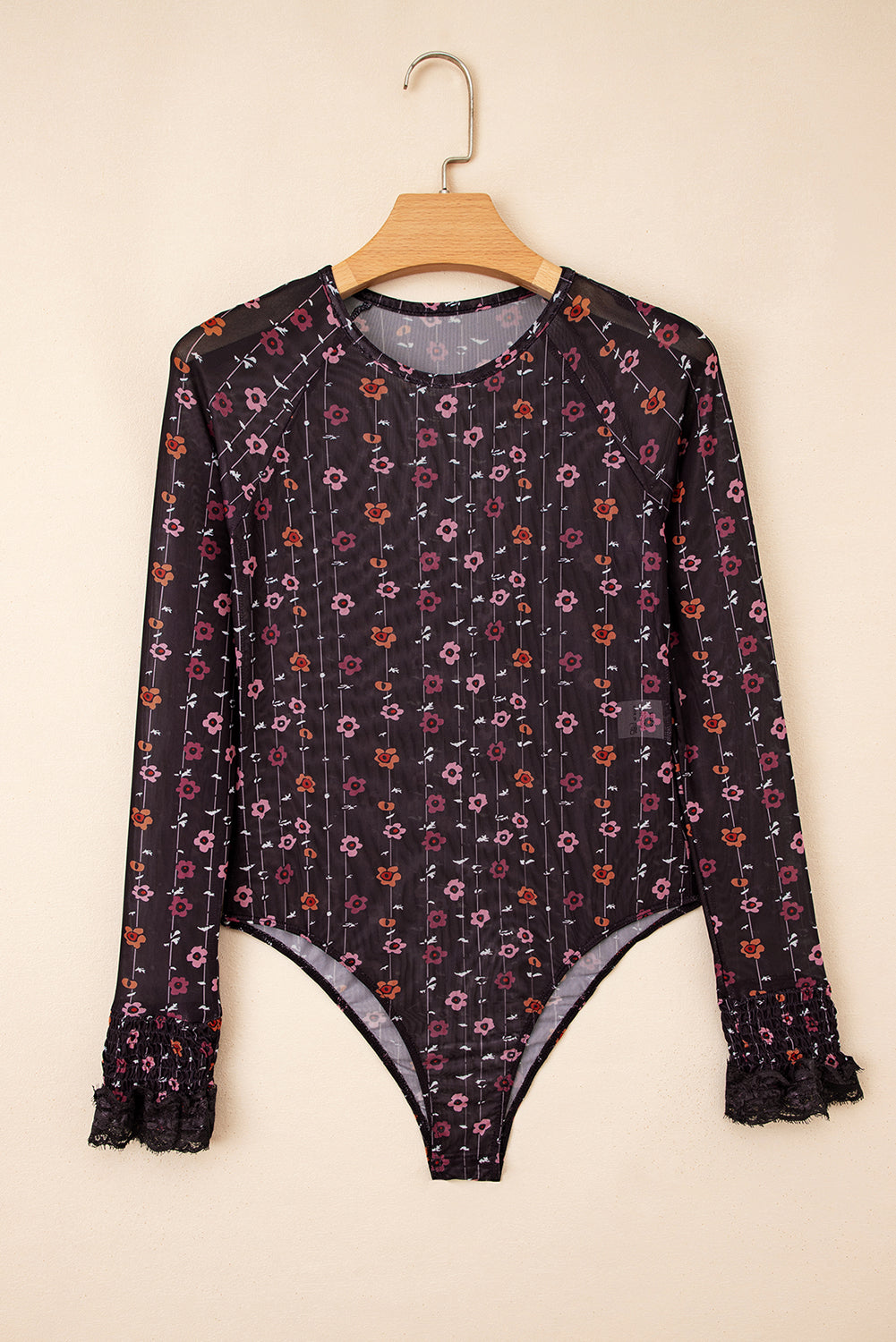 Floral Smock Cuff Mesh Slim Fit Bodysuit