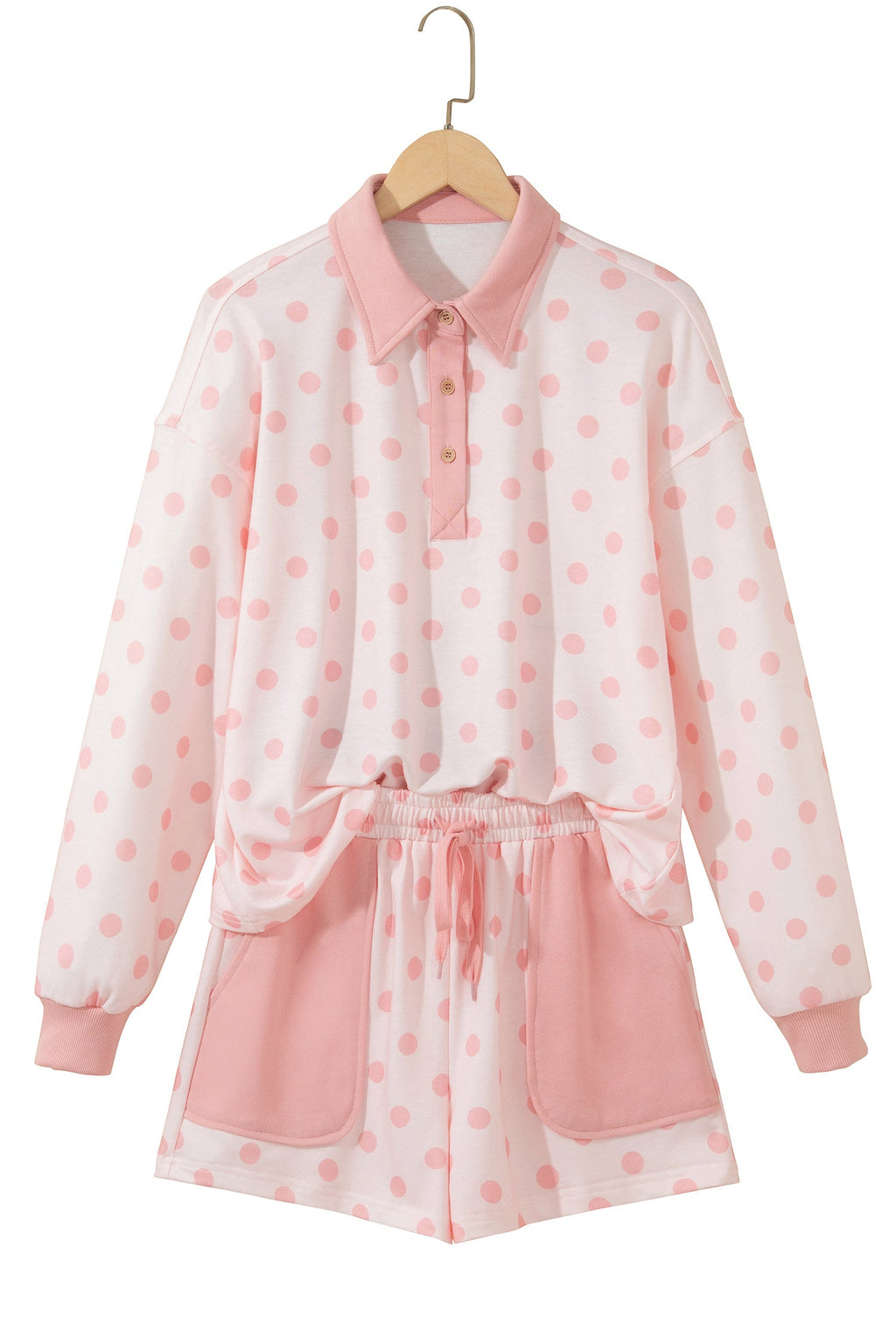 Polka Dot Polo Pullover & Elastic Waist Shorts Set