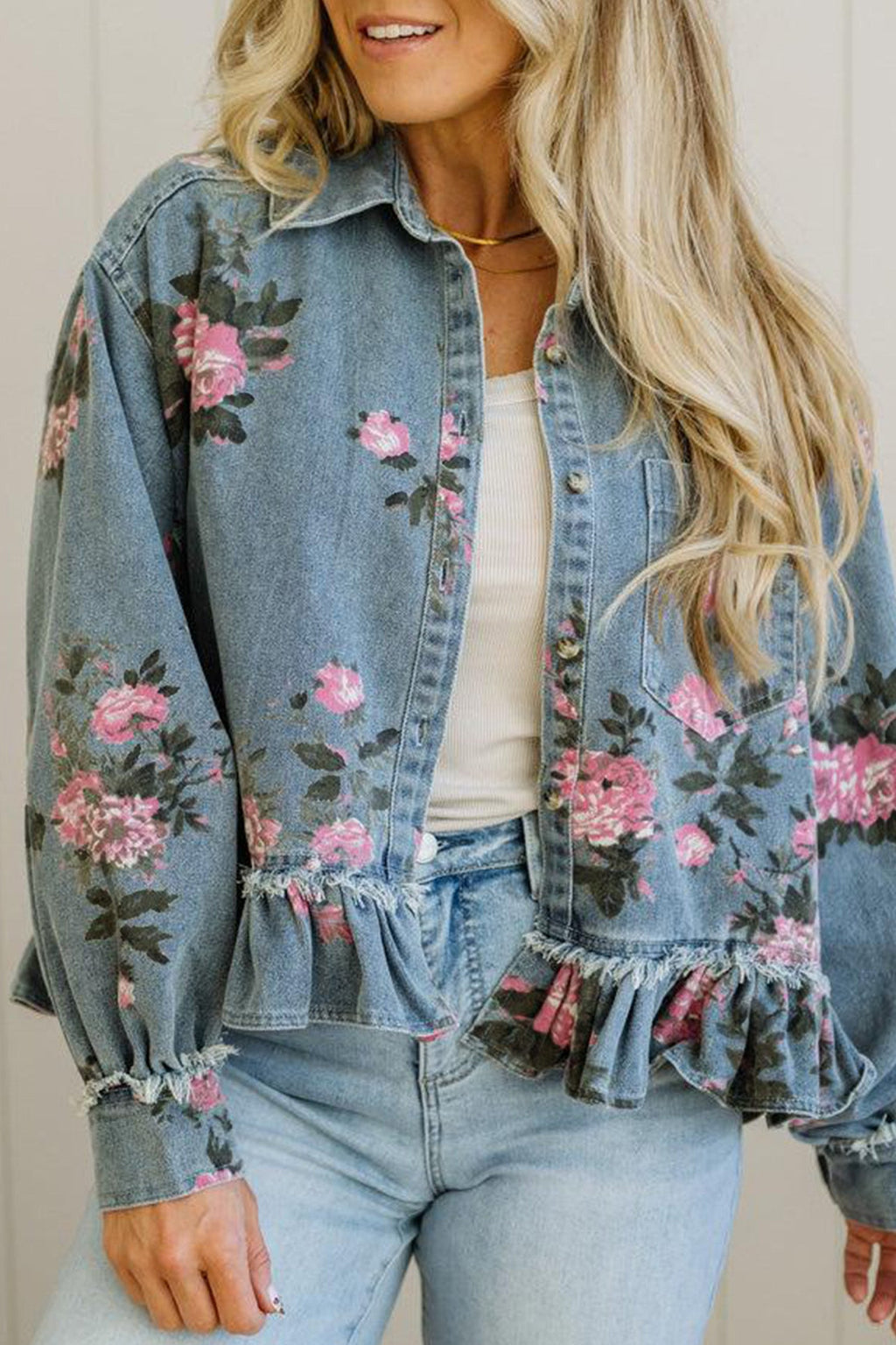 Floral Denim Raw Seam Ruffle Hem Jacket