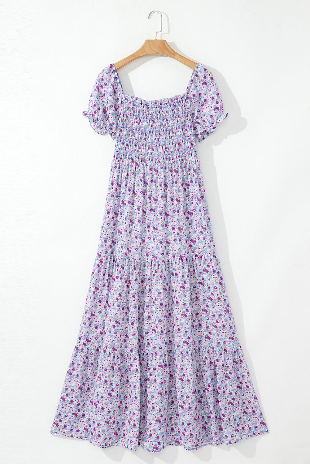 Floral Bubble Sleeve Shirred High Waist Maxi Dress