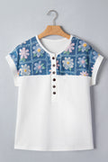 Floral Patchwork Short Sleeve Henley Blouse