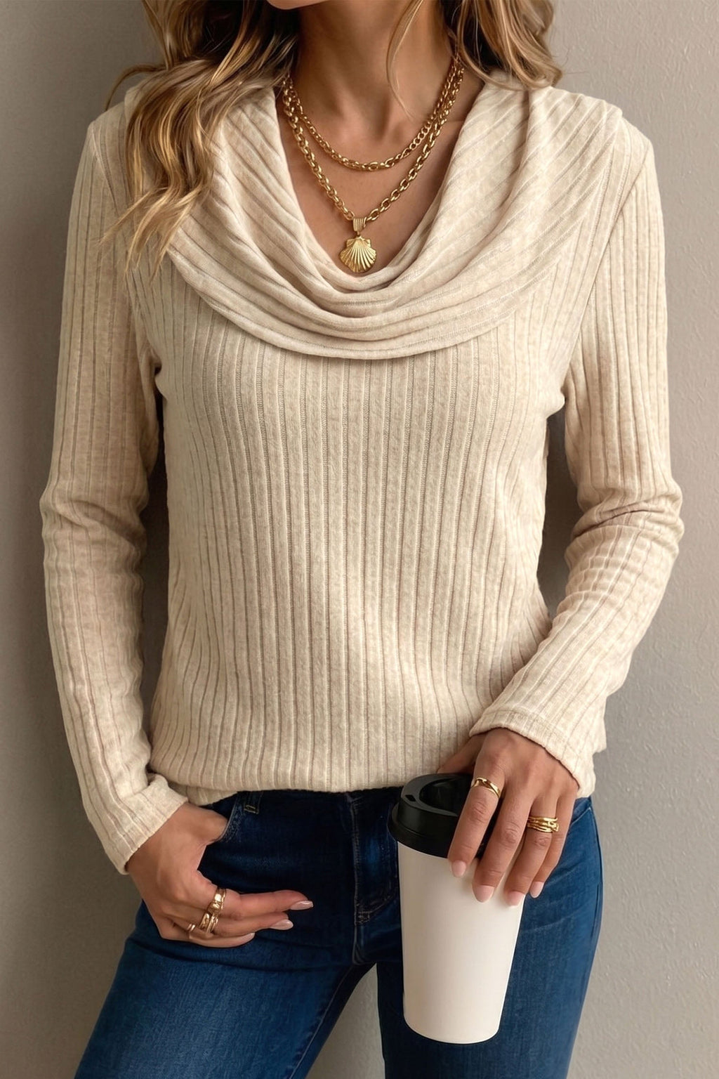 Solid Ribbed Knit Cowl Neck Long Sleeve Top