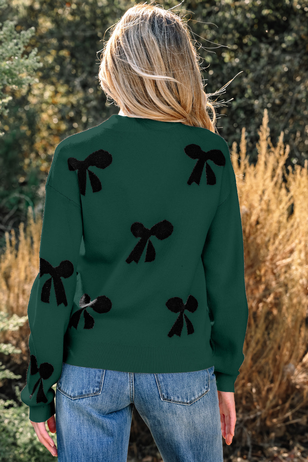 Bow Pearl Embellished Drop Shoulder Sweater