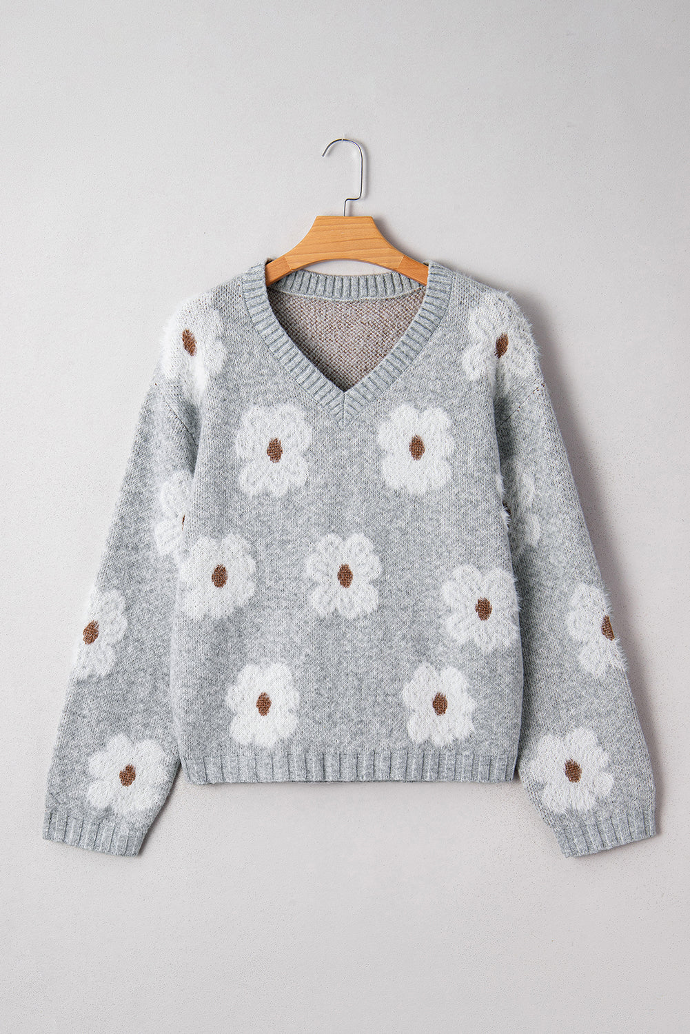 Floral V-Neck Drop Shoulder Baggy Sweater
